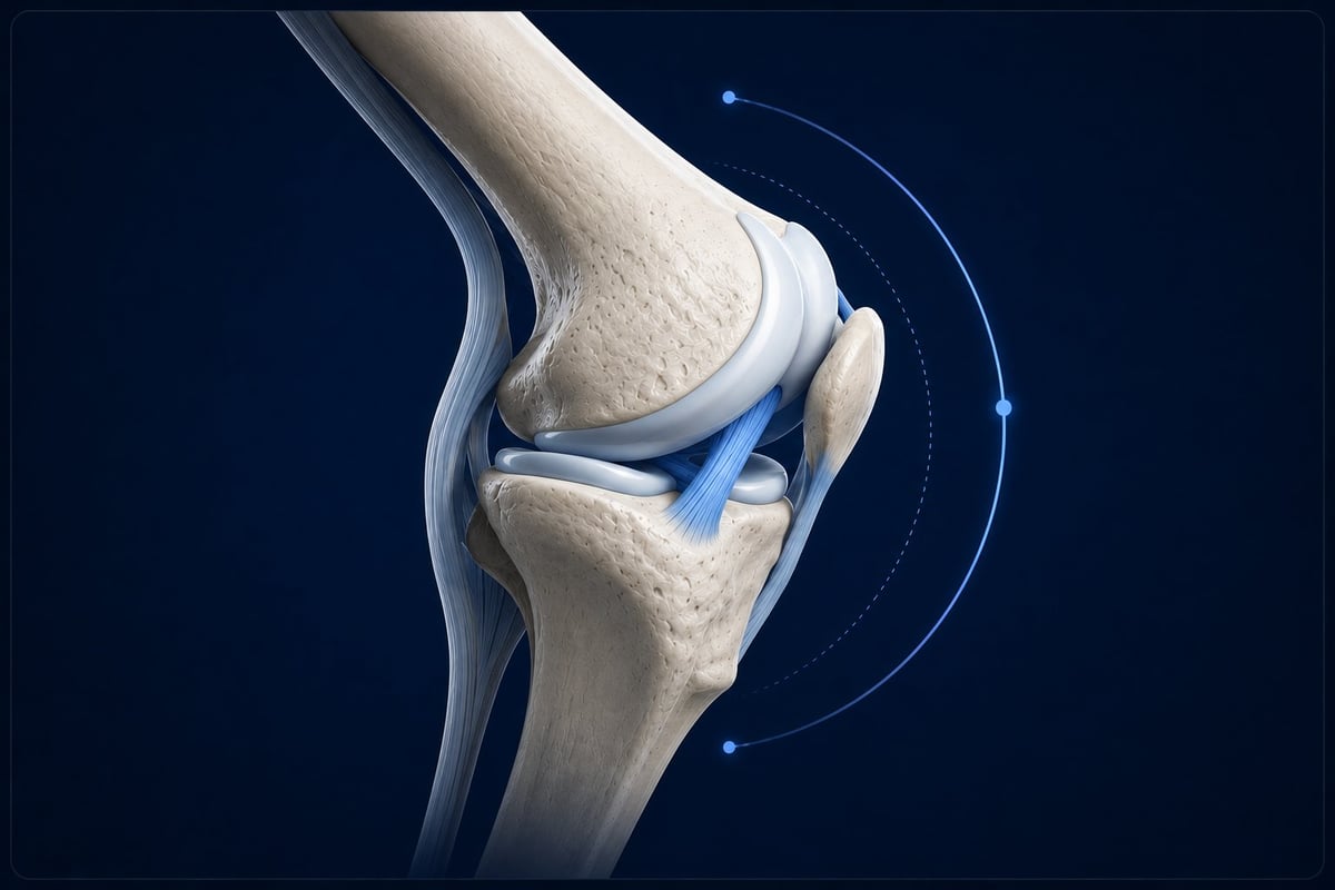 Rodilla en perfil, fémur y tibia articulando libremente — momento de movimiento dentro del rango