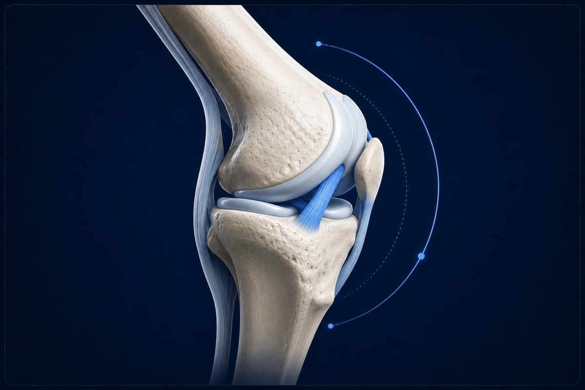 Rodilla en perfil, el ligamento comienza a tensarse y limita el desplazamiento — momento de límite