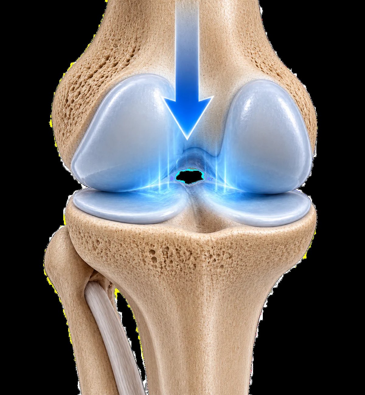 Vista frontal de la rodilla con flecha azul de compresión y resplandor en la superficie, representando la carga repetida sobre las superficies articulares.