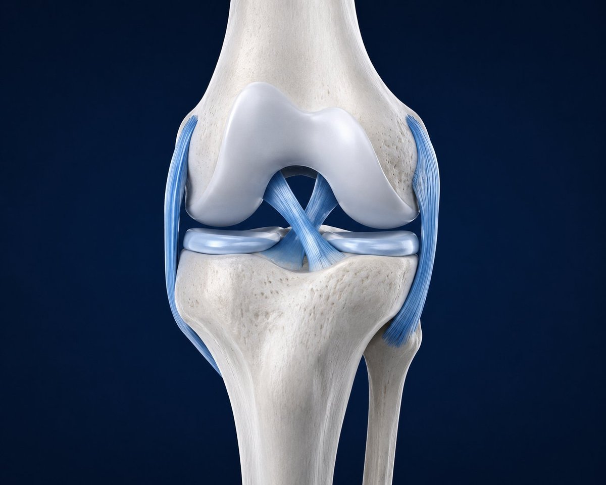 Rodilla en vista anterior con los ligamentos cruzados anterior y posterior y los colaterales medial y lateral destacados en azul sobre fondo navy