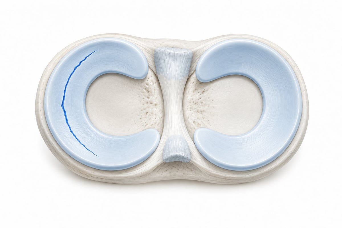 Vista superior de los meniscos medial y lateral con una lesión longitudinal trazada en azul sobre el menisco medial.