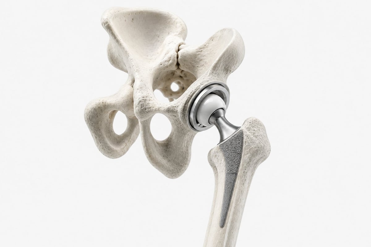 Prótesis total de cadera: hueso de la pelvis con el componente acetabular metálico, la cabeza femoral protésica y el vástago insertado en el extremo del fémur.