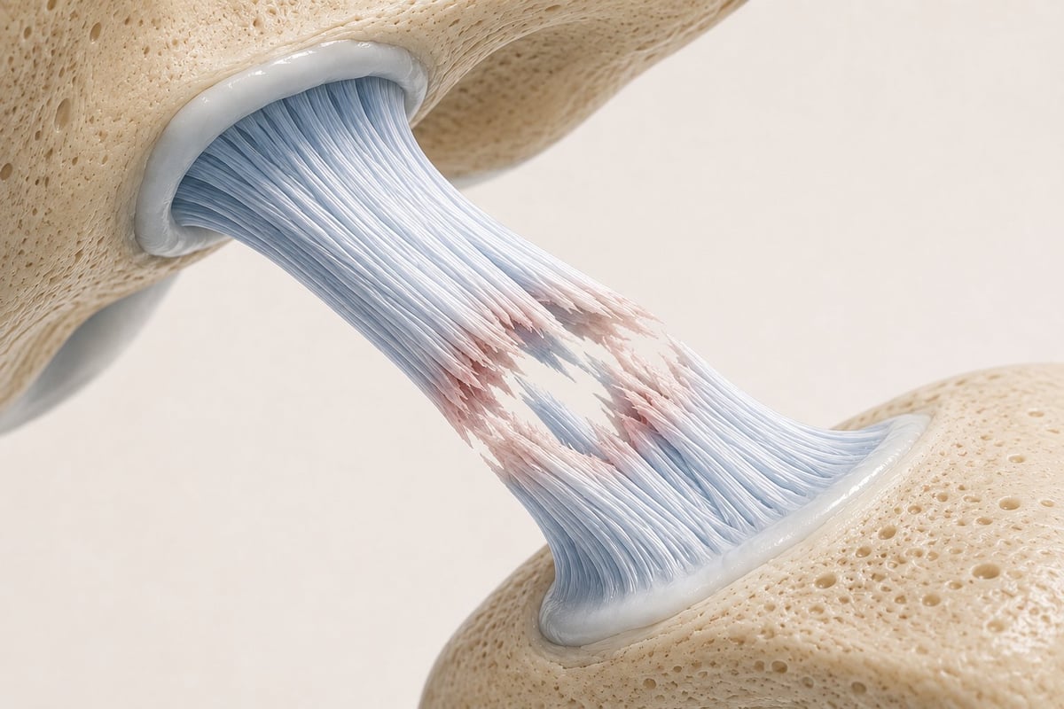 Ligamento en estado de Lesión parcial: Ligamento con ruptura parcial de fibras en el centro, manteniendo otras fibras continuas.