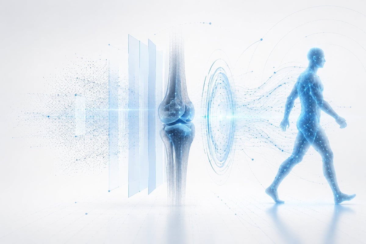 Ilustración digital que muestra la transición del escaneo médico hacia una figura humana holográfica azul, representando tecnología de imagen médica o salud digital