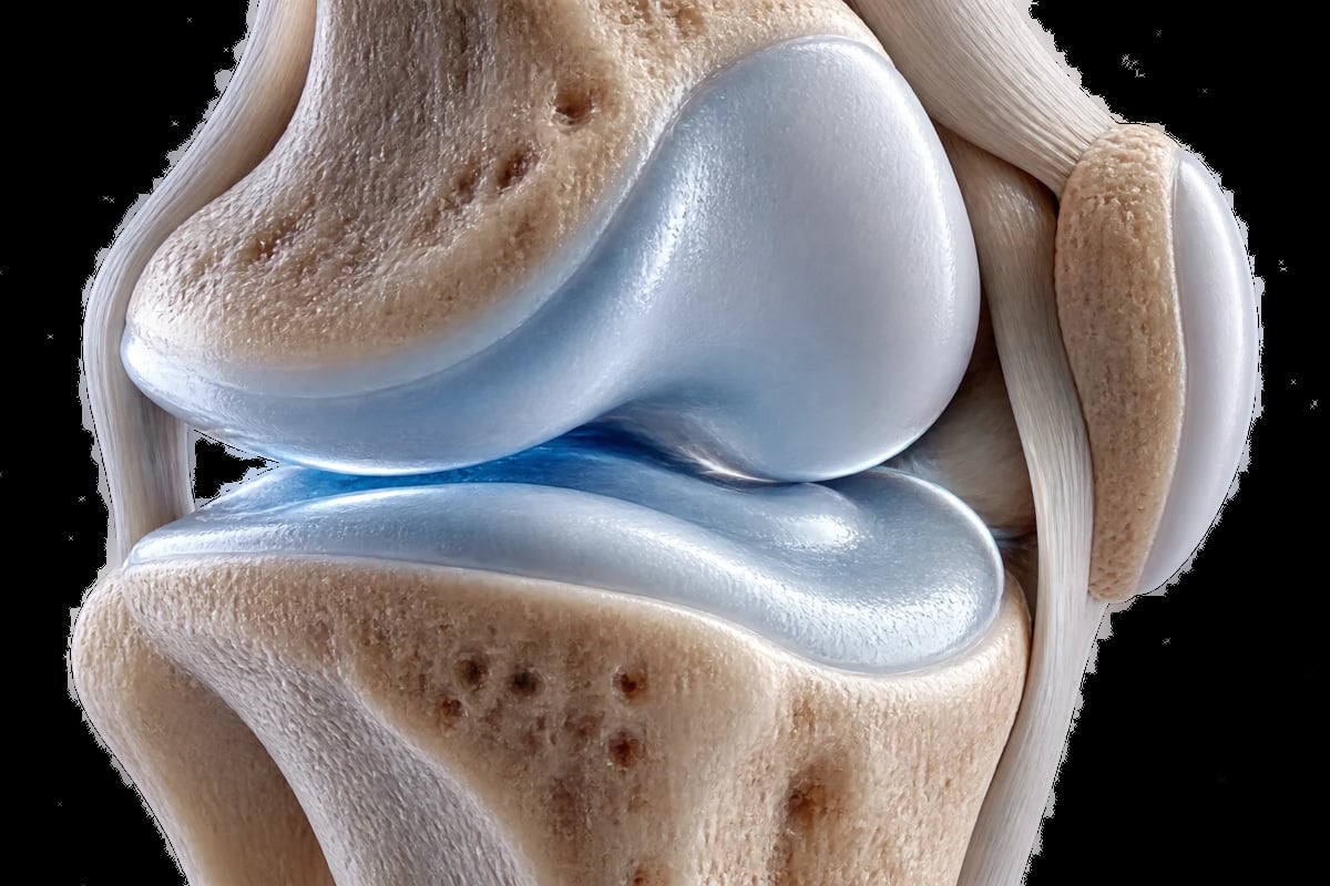 Corte anatómico de la rodilla con hueso, cartílago y líquido sinovial en azul, vista principal de la composición