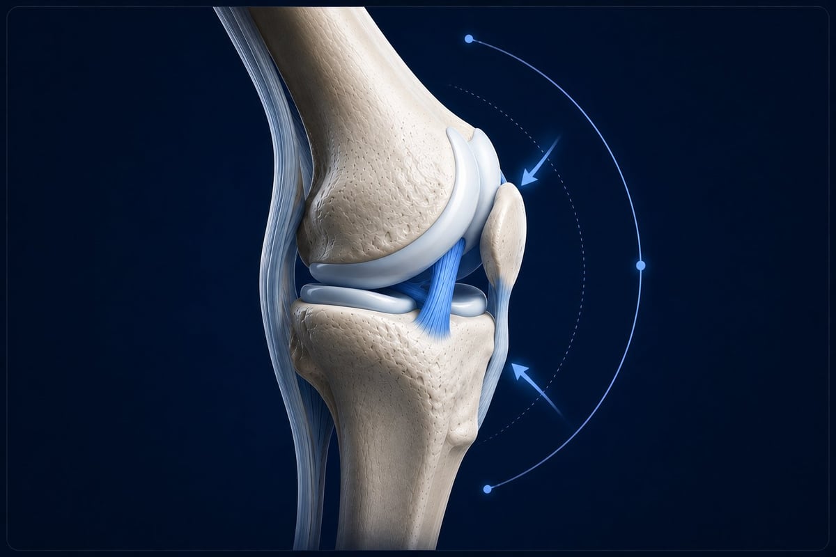 Rodilla en perfil, el movimiento se controla antes de volverse excesivo — momento de estabilidad
