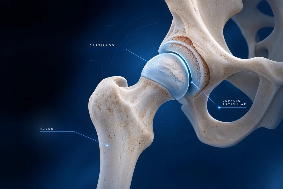 Anatomical diagram of hip joint showing cartilage and bone structure on blue background with labels