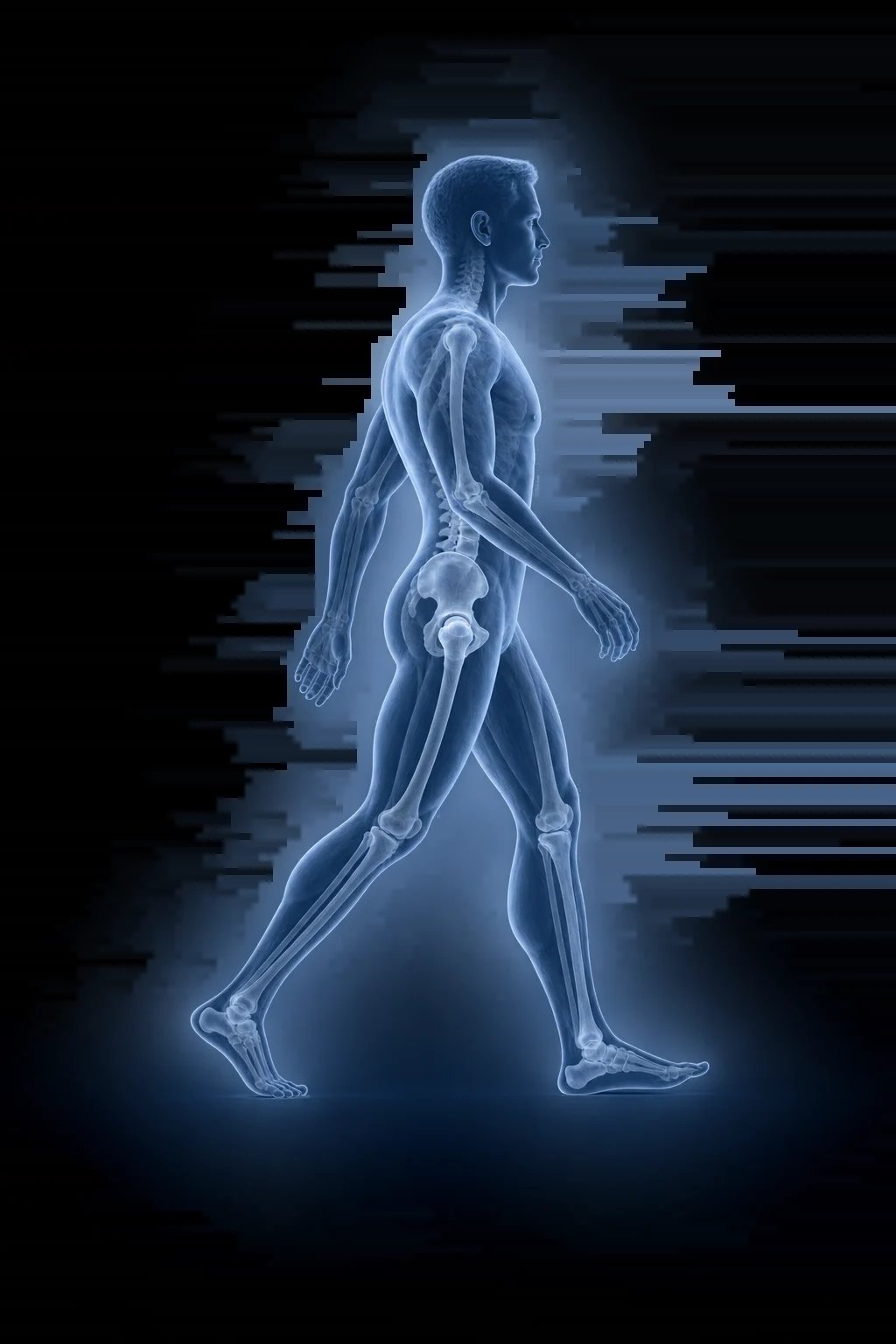 Radiografía azul de una persona caminando de forma natural