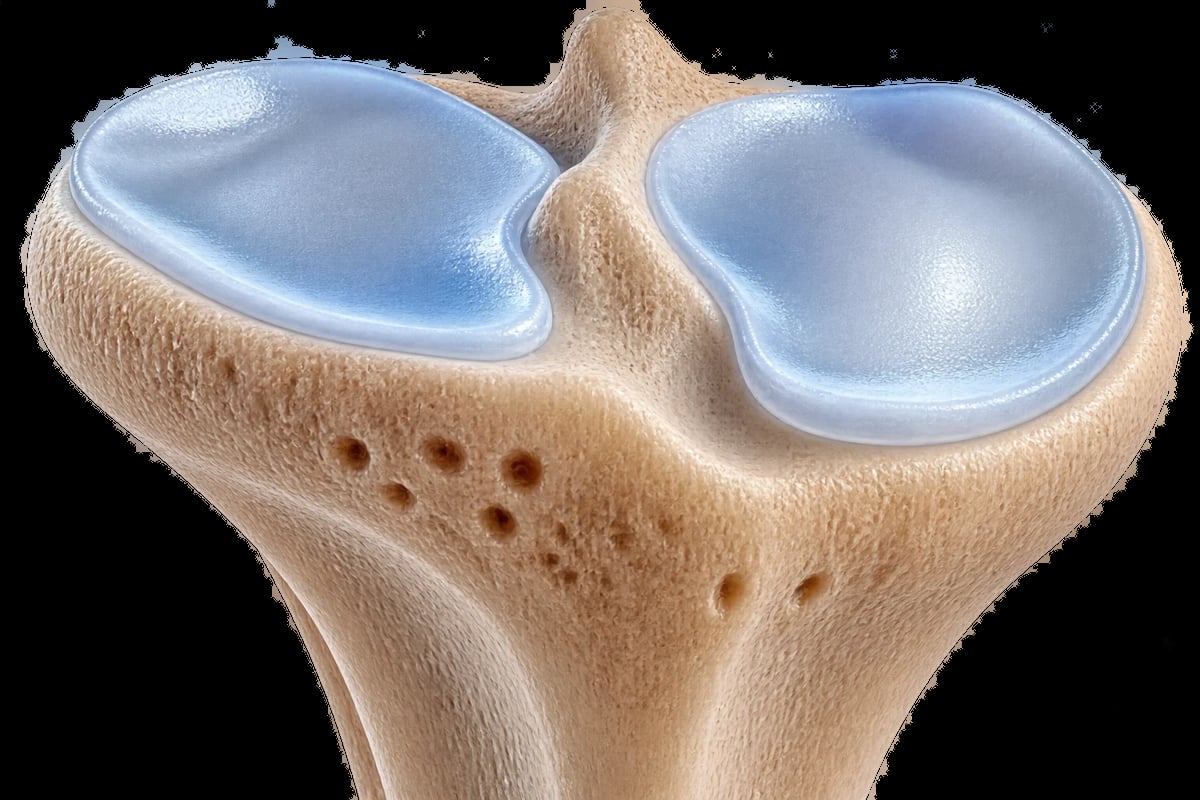 Meseta tibial proximal con dos superficies cubiertas por cartílago articular azul