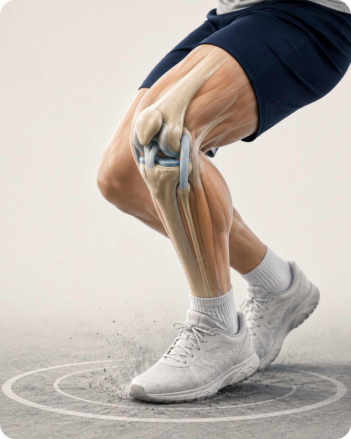 Rodilla en flexión durante un aterrizaje, recibiendo carga de desaceleración.