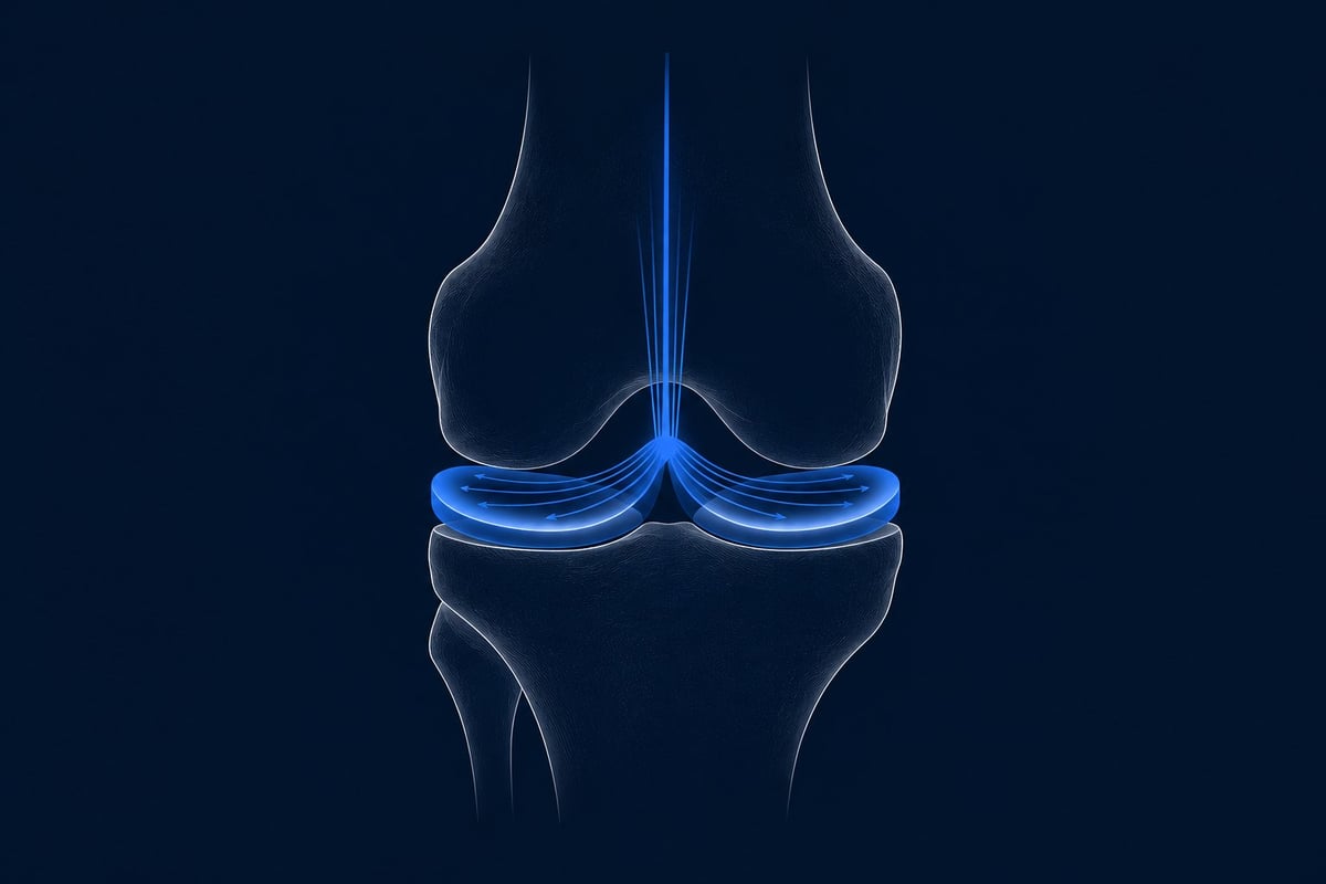 Ilustración anatómica de rodilla con meniscos y ligamentos resaltados en azul mostrando la distribución de carga sobre la articulación.