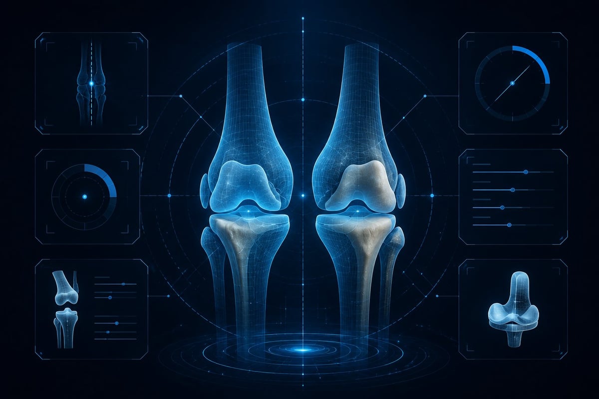 Visualización de rayos X digital de articulaciones de rodilla con imágenes holográficas azules y elementos de interfaz de diagnóstico sobre fondo oscuro