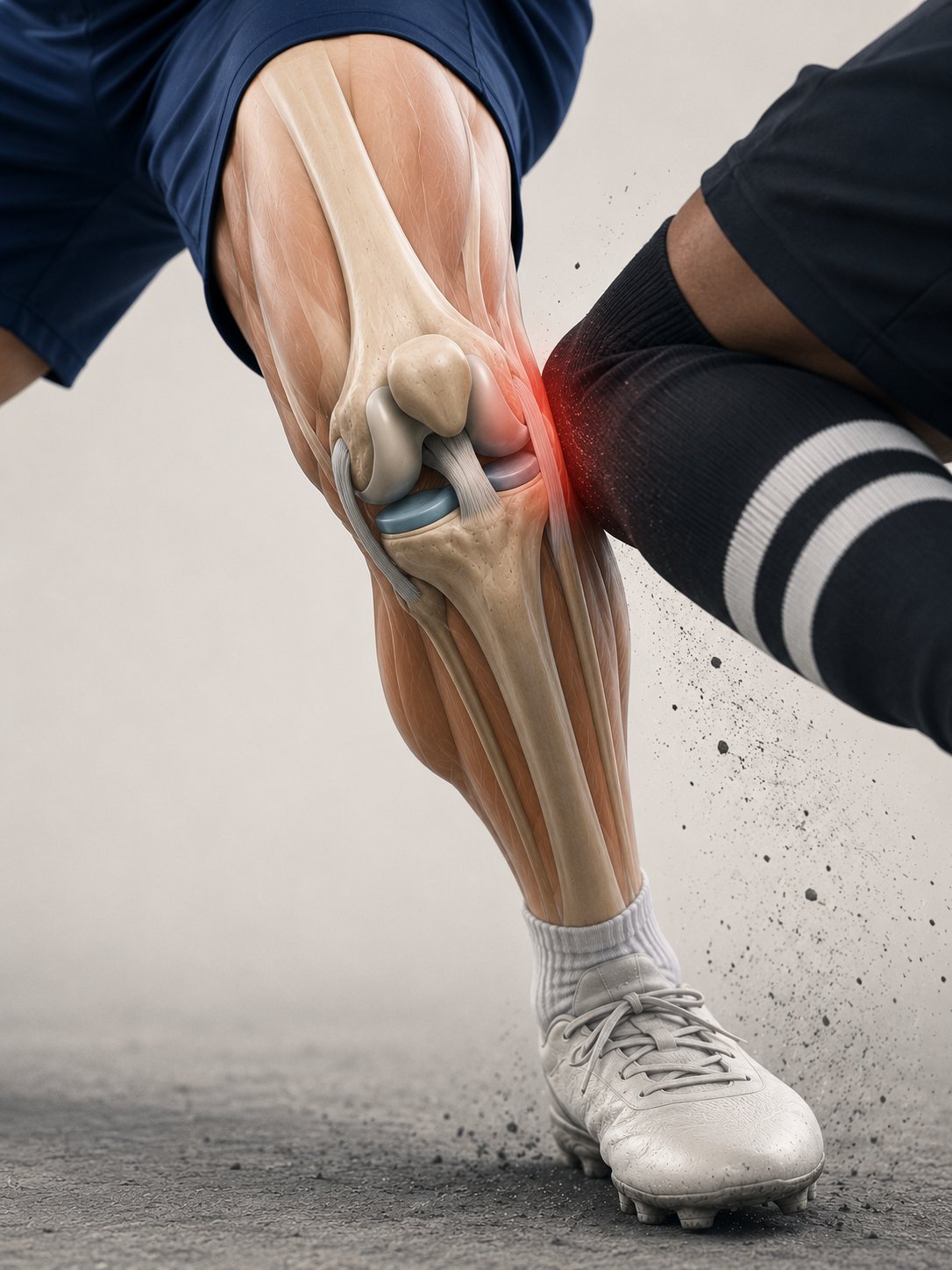 Fuerza externa lateral actuando sobre una rodilla apoyada, comprometiendo los ligamentos.