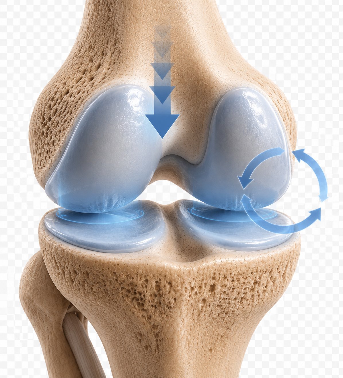 Vista anatómica de la rodilla con flechas curvas indicando el movimiento de giro y deslizamiento entre las superficies articulares durante un cambio de dirección.